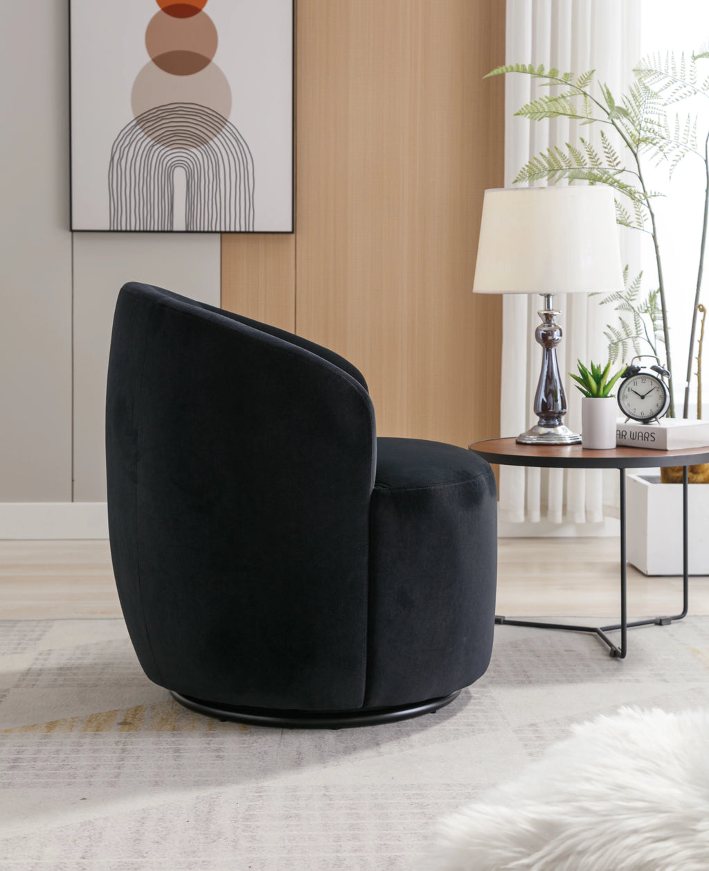 Velvet Fabric Swivel Accent Armchair with Black Metal Ring W740228