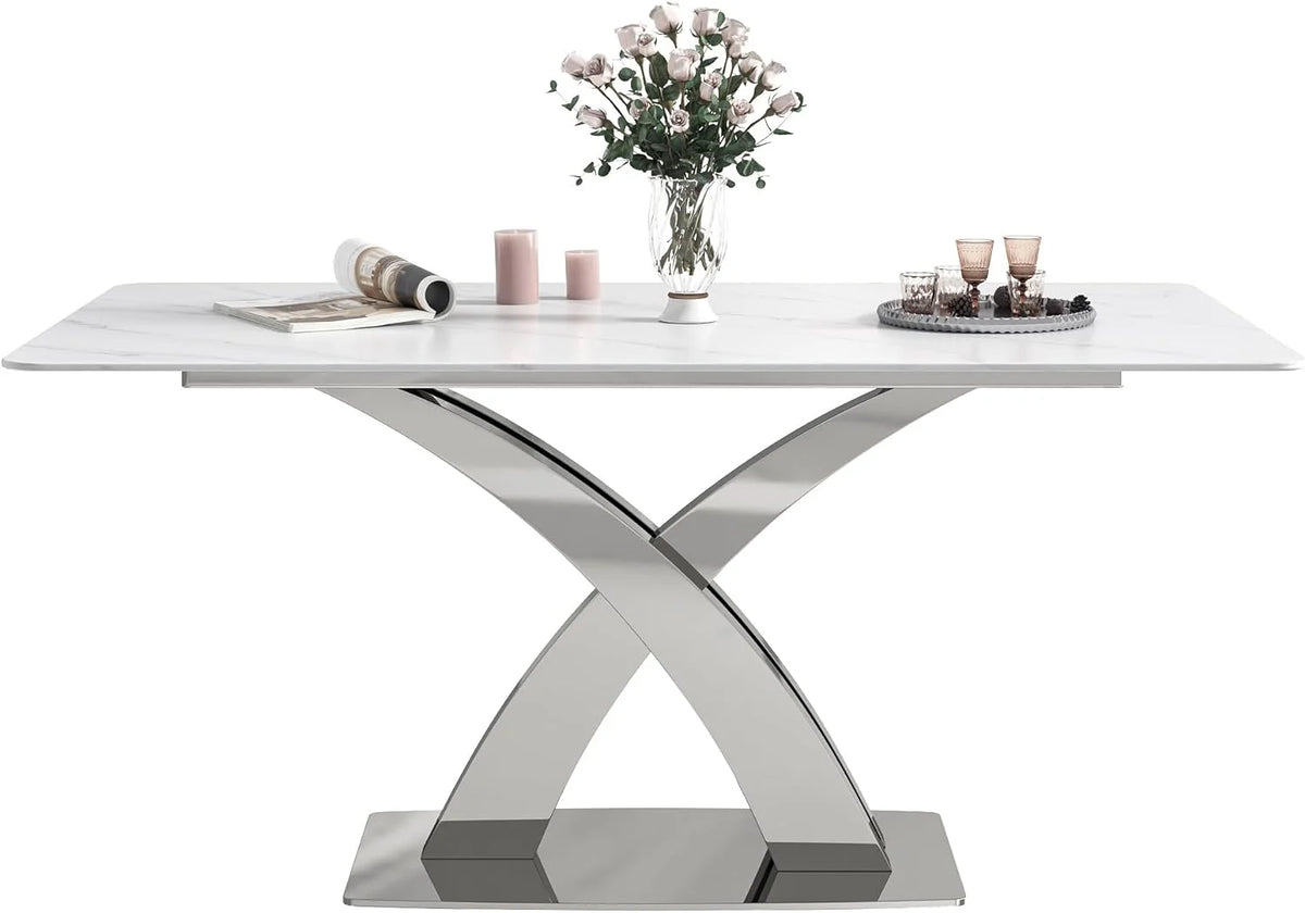 White Sintered Stone Dining Table for 6 with Stainless Steel Base H45335