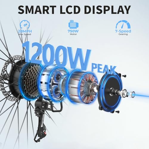 Electric Bike 1200W Peak Motor 528WH Removable Battery 26'' 7-Speed Gears Front Suspension X653