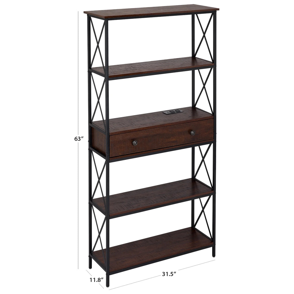 5 Shelf Bookcase with USB, AC Power Outlets and Drawer, Walnut T48641