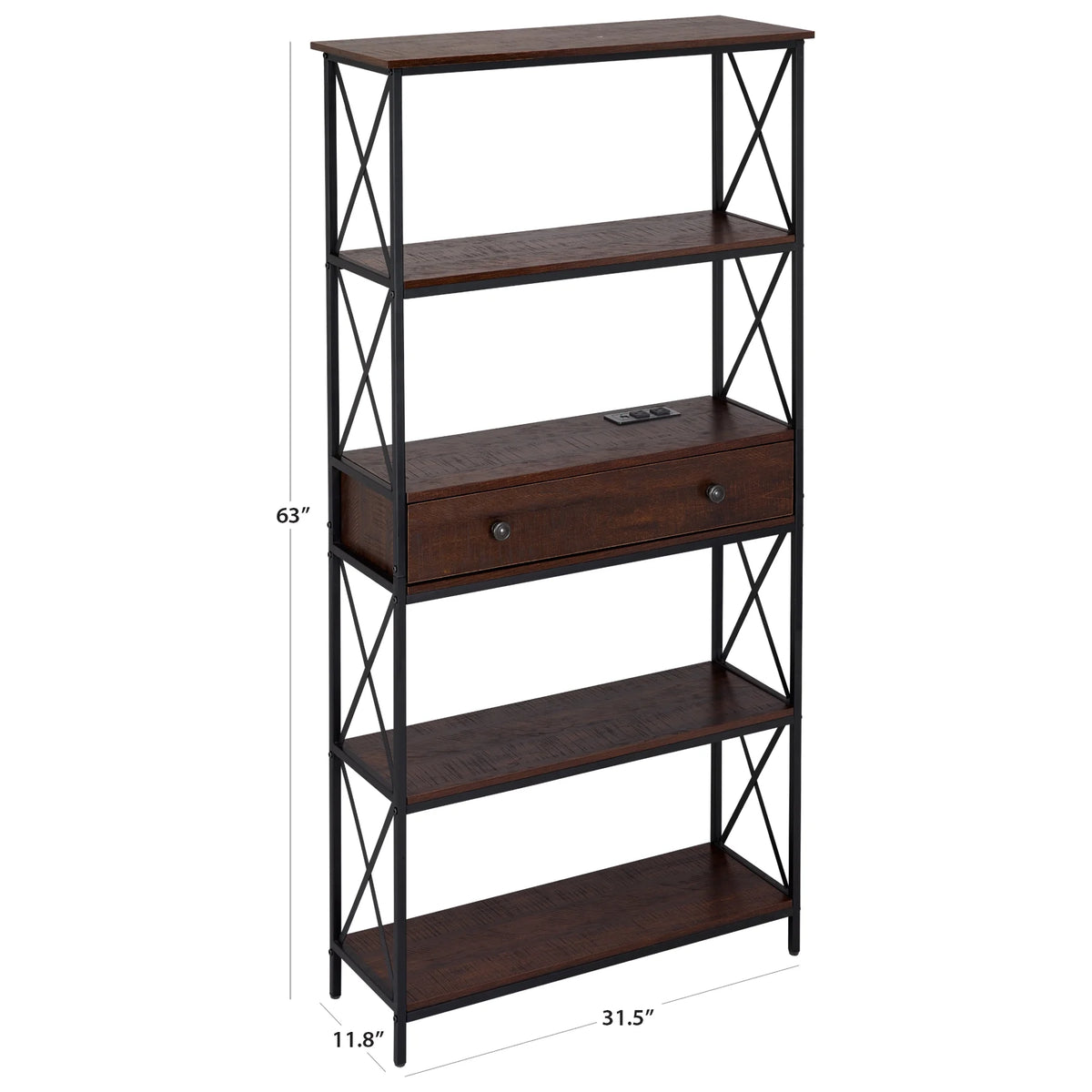 5 Shelf Bookcase with USB, AC Power Outlets and Drawer, Walnut T48641