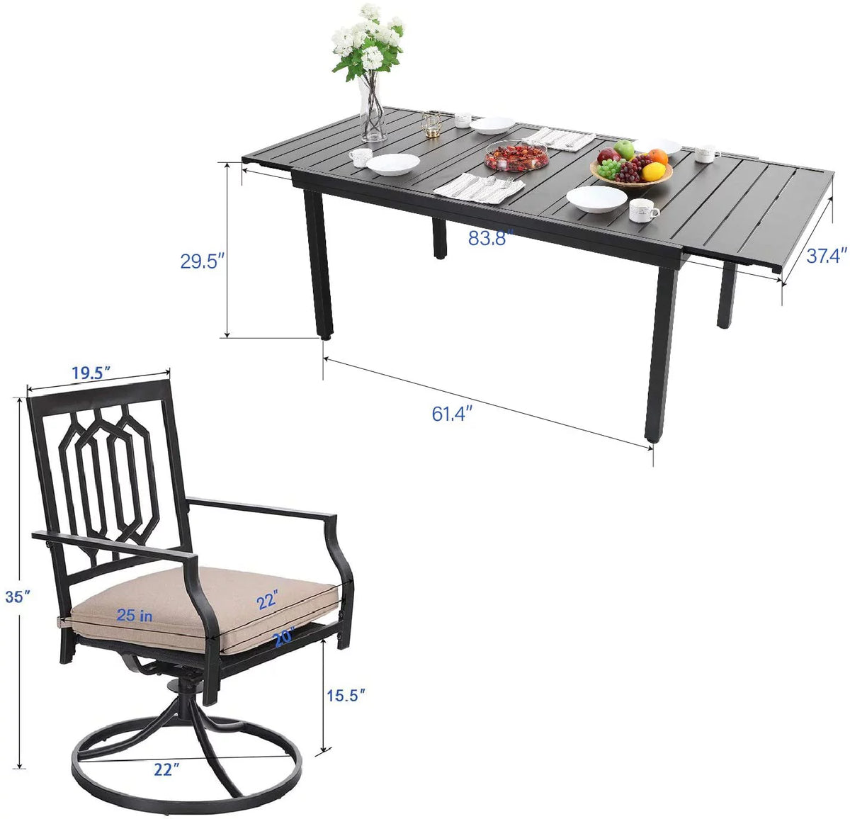 8 Pcs Outdoor Patio Dining Set Swivel Chairs and Extendable Table F29647