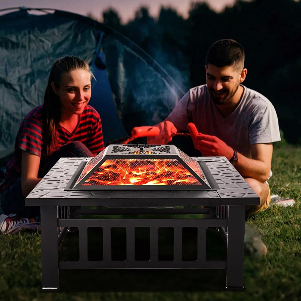 32 Square Iron Wood Burning Fire Pit with BBQ Net E3374
