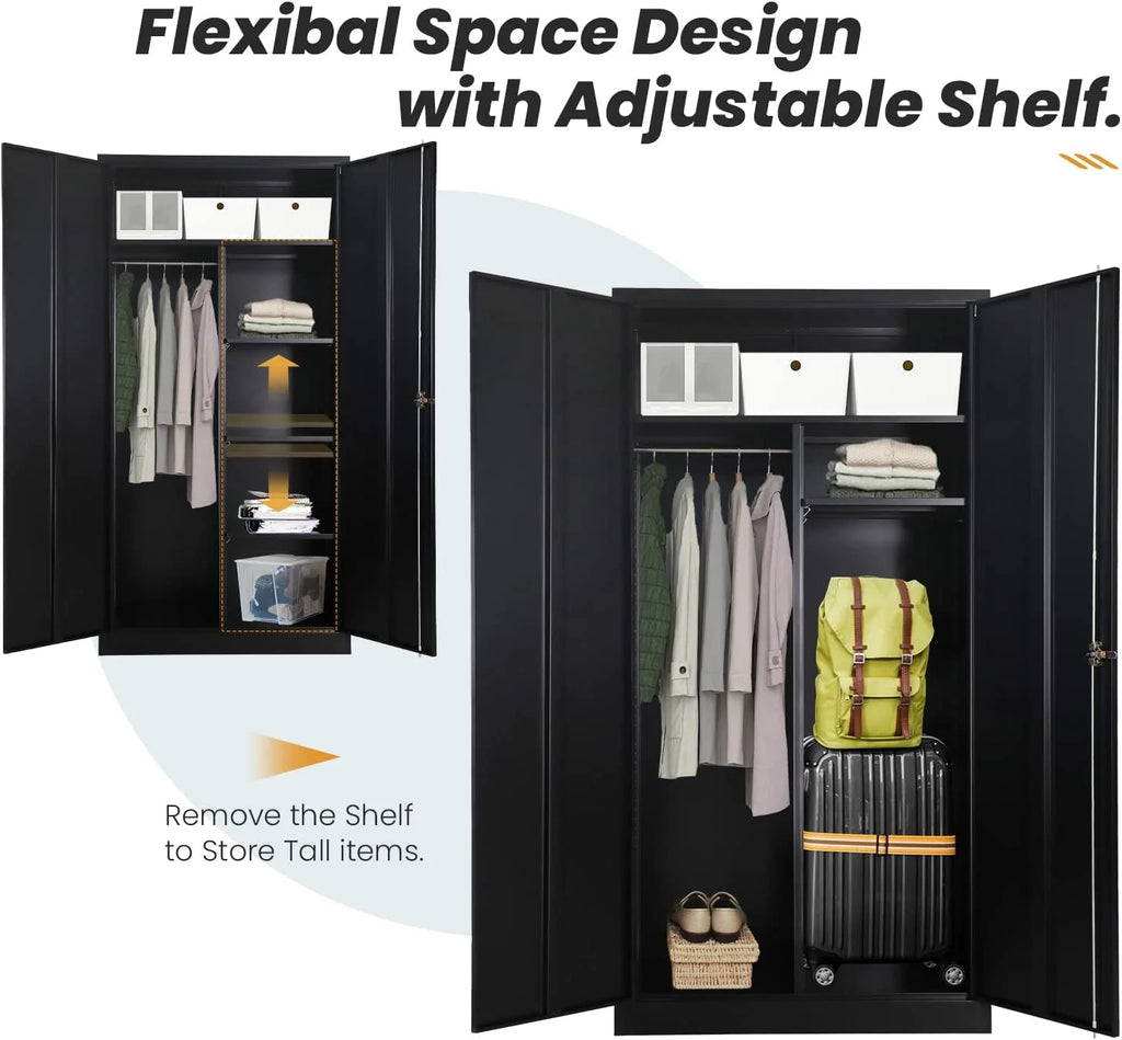 Metal Cabinets Locker with Locking Door 72'' Steel Wardrobe Cabinet with Lock and Shelves (Black) O9526