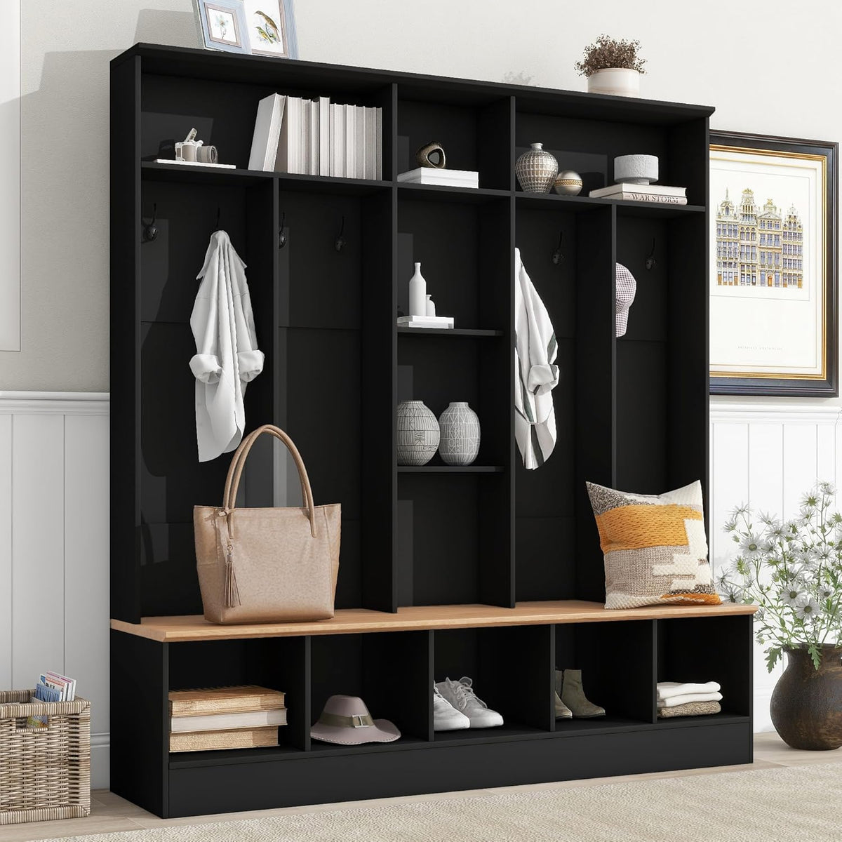 Black Hall Tree with Storage Bench and 8 Hooks R737781