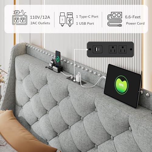 Beige Upholstered Full Bed Frame with USB Ports R97275