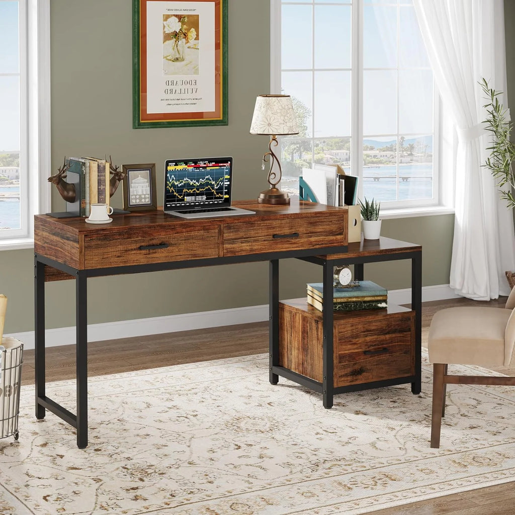 52 Inch Computer Desk with File Drawers and Storage Shelves R7113