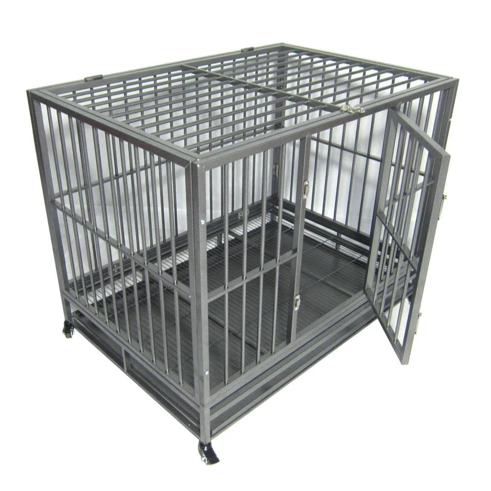 Silver Double-Door Dog Crate Kennel with Tray Y418
