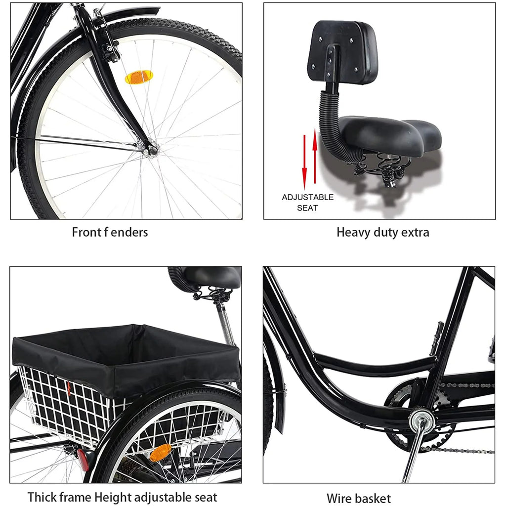 26 Inch 7-Speed 3-Wheel Bike (Black) Q522