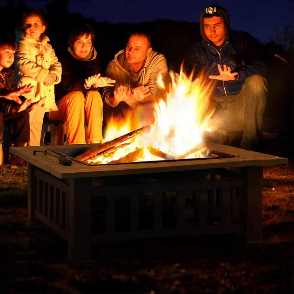 32 Square Iron Wood Burning Fire Pit with BBQ Net E3374