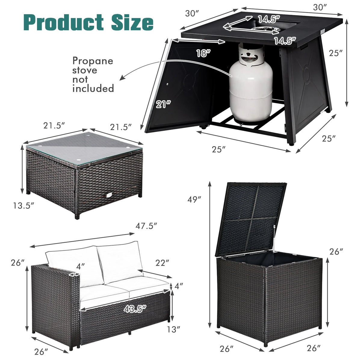 5-Piece PE Wicker Patio Furniture Set with Fire Pit Table O322
