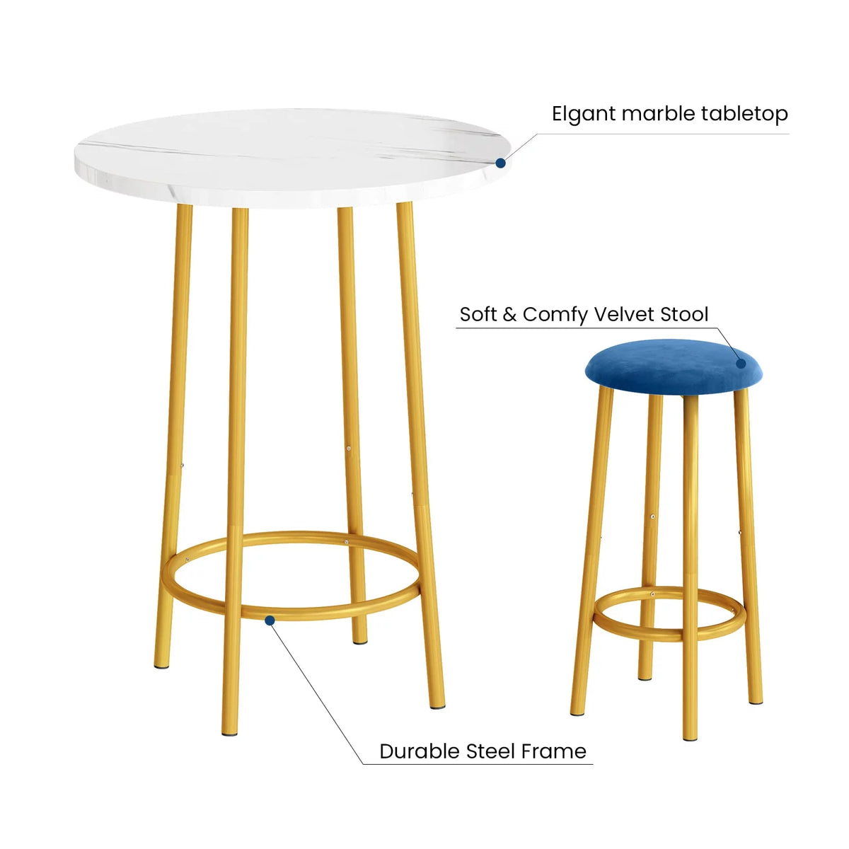 White Blue Velvet Bar Table Set with 2 Stools G2749