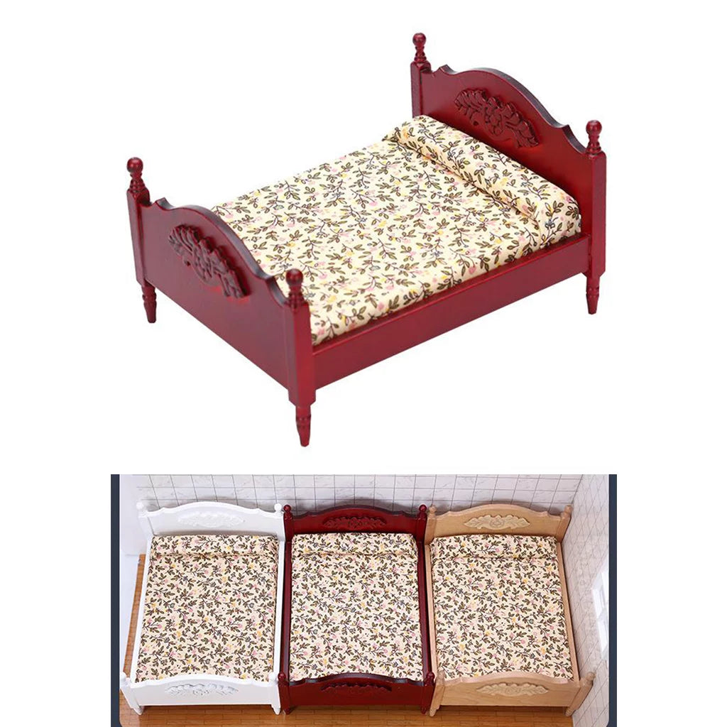 Miniature Birch Wood Double Bed 1:12 Scale Doll House Furniture P10337
