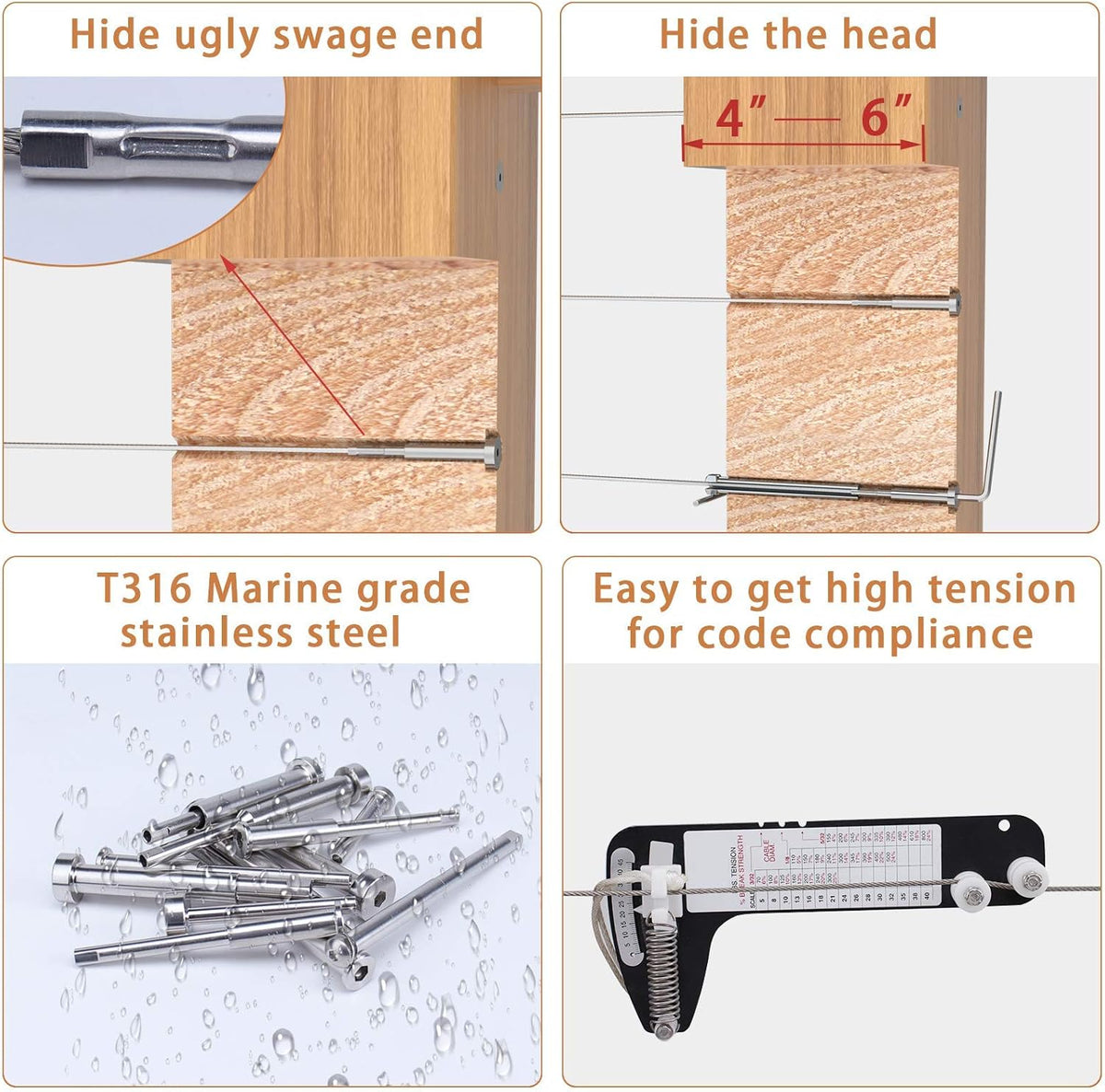 20Pack Invisible Cable Railing Kit 1/8 Swage Tensioner Hardware T316 Stainless Steel Q990