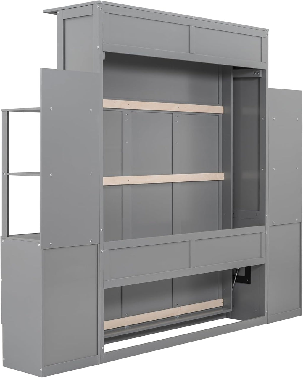 Queen Size Murphy Bed with Double Drawers and Open Storage Shelves, Grey E499704