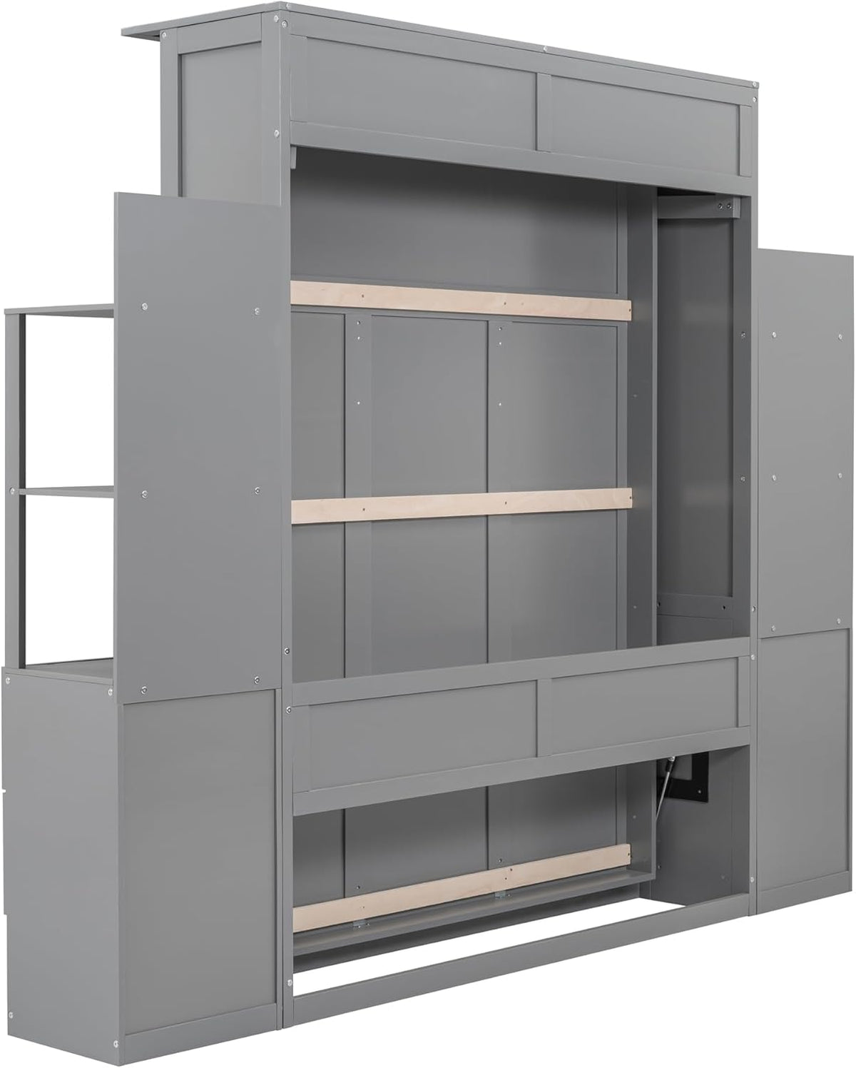 Queen Size Murphy Bed with Double Drawers and Open Storage Shelves, Grey E499704