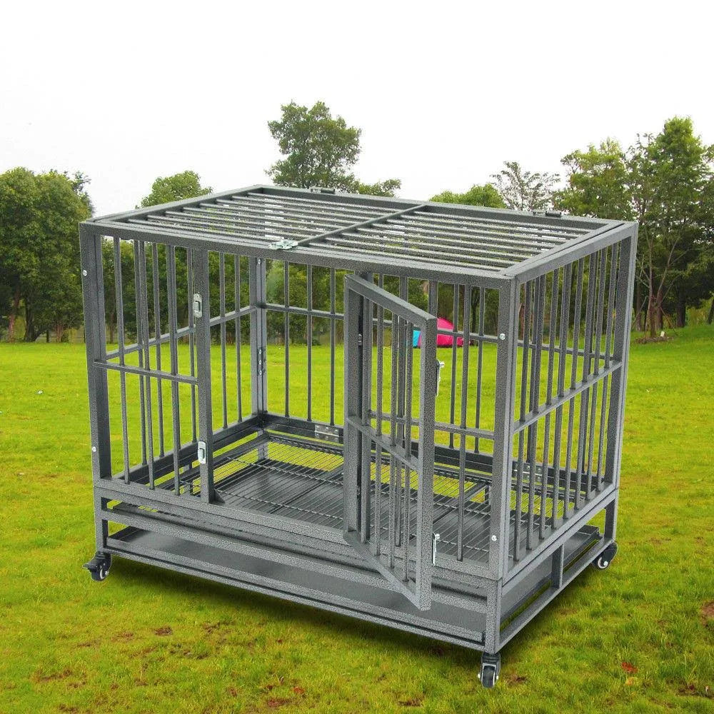 Silver Double-Door Dog Crate Kennel with Tray Y418