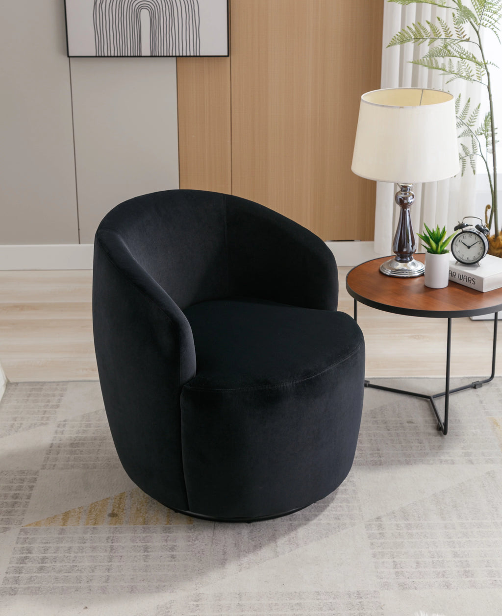 Velvet Fabric Swivel Accent Armchair with Black Metal Ring W740228