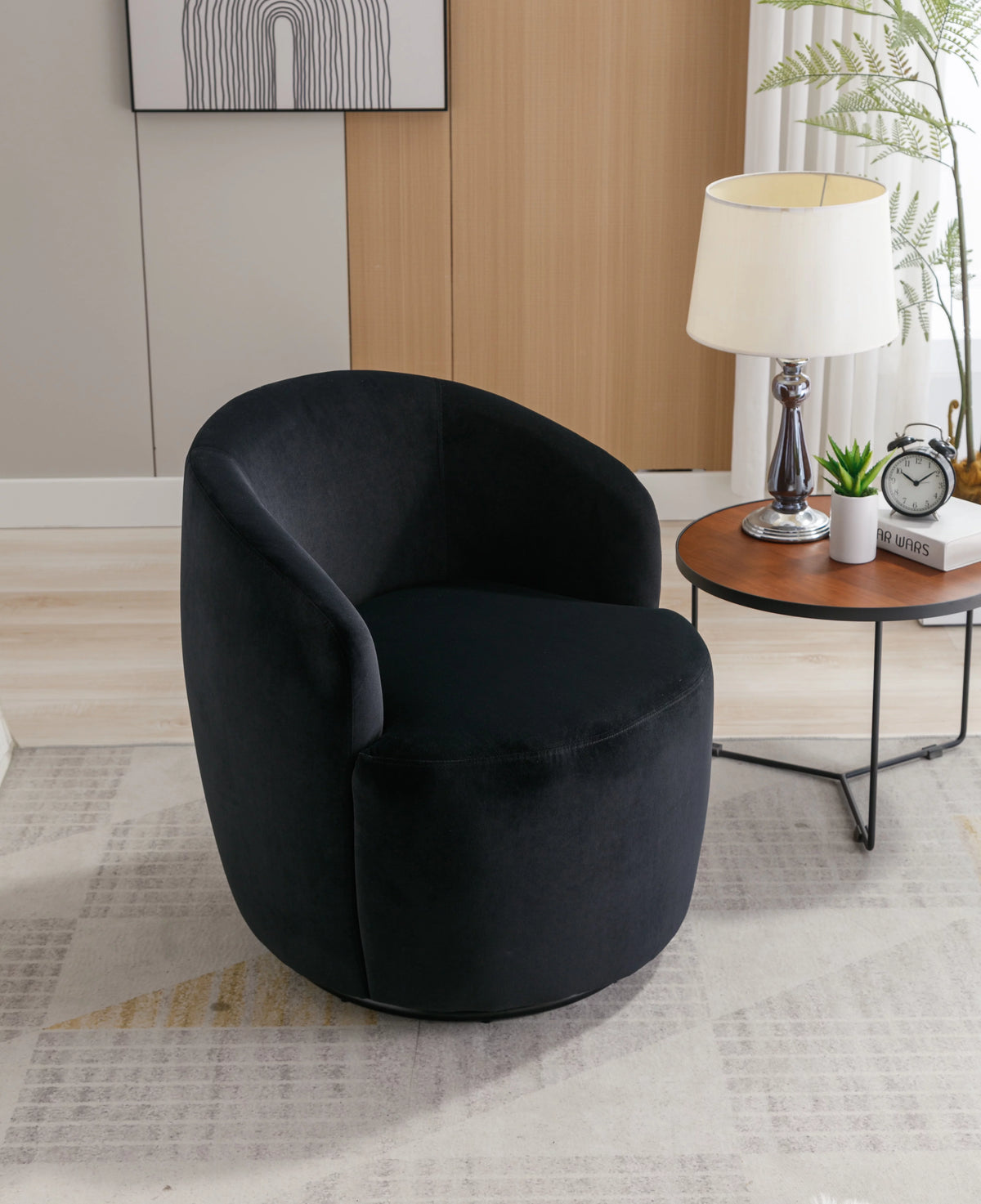 Velvet Fabric Swivel Accent Armchair with Black Metal Ring W740228