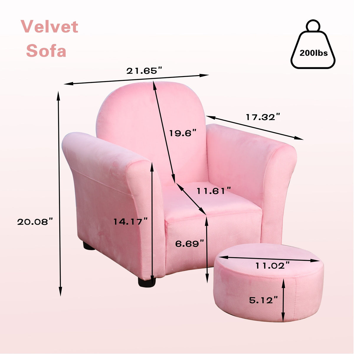Pink Velvet Kids Sofa with Ottoman C15451