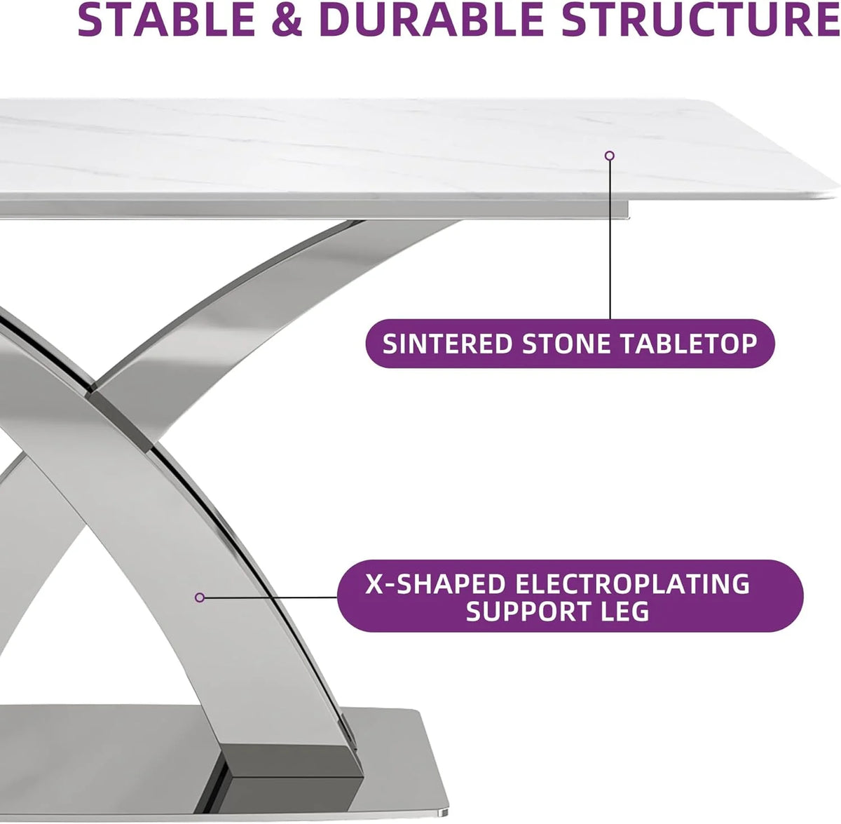White Sintered Stone Dining Table for 6 with Stainless Steel Base H45335