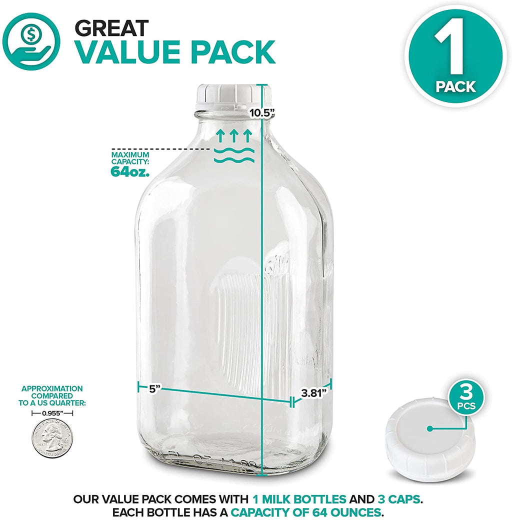 64-Oz Glass Milk Bottles with 3 White Caps, Dishwasher Safe K386737