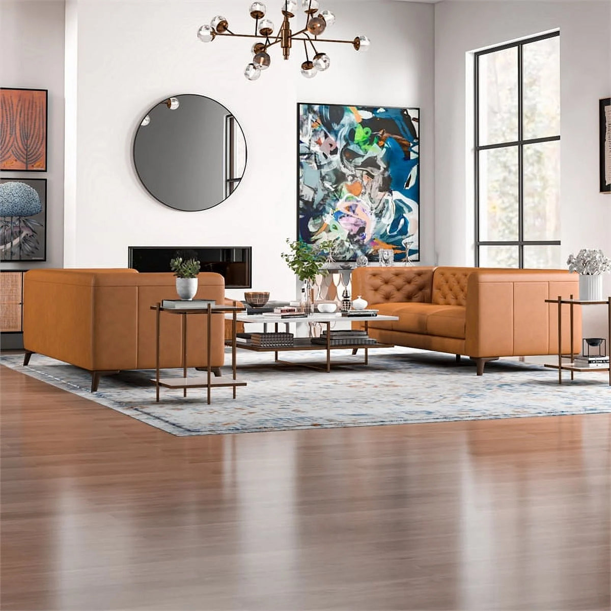 Mid-Century Tan Leather Sofa Set S745