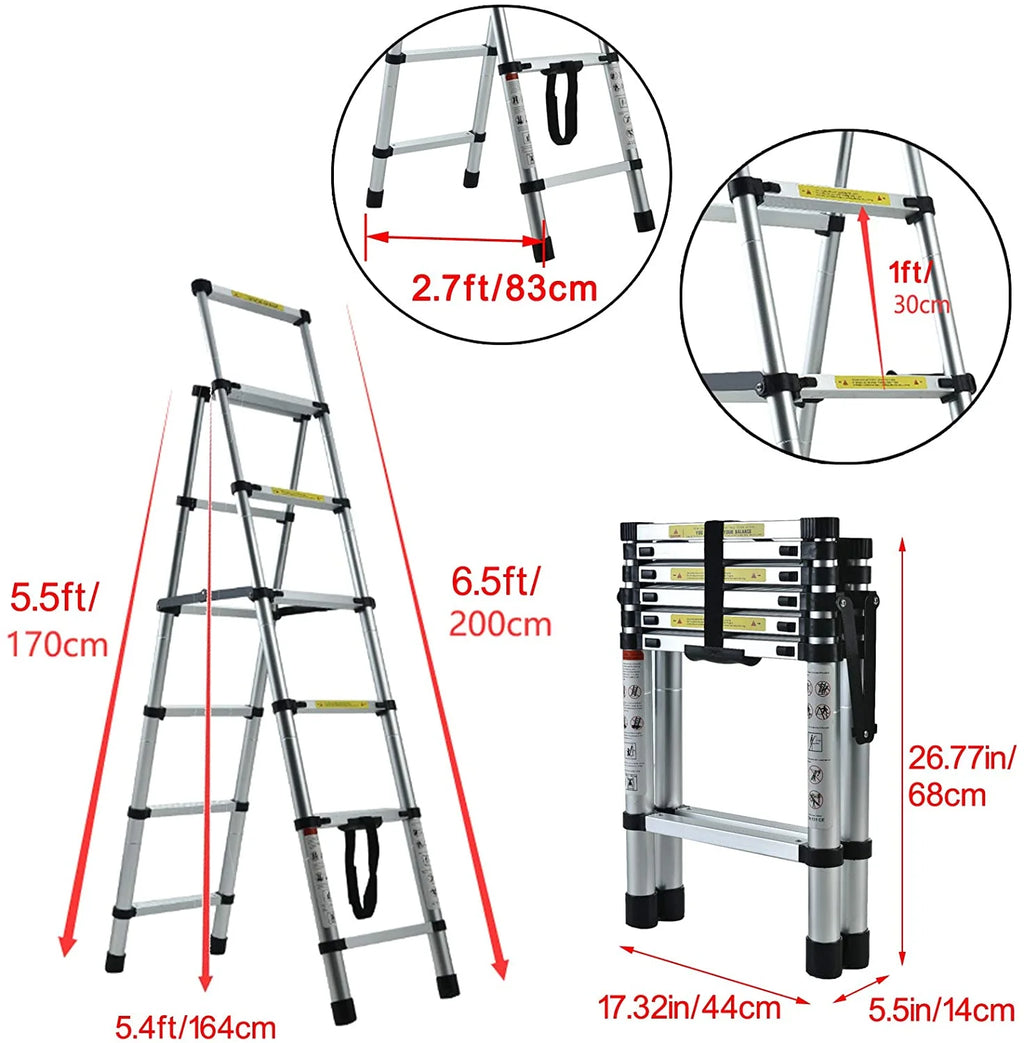 Telescopic Step Ladder Aluminium Heavy Duty 150KG Capacity Folding Anti-Slip Stepladder I184560