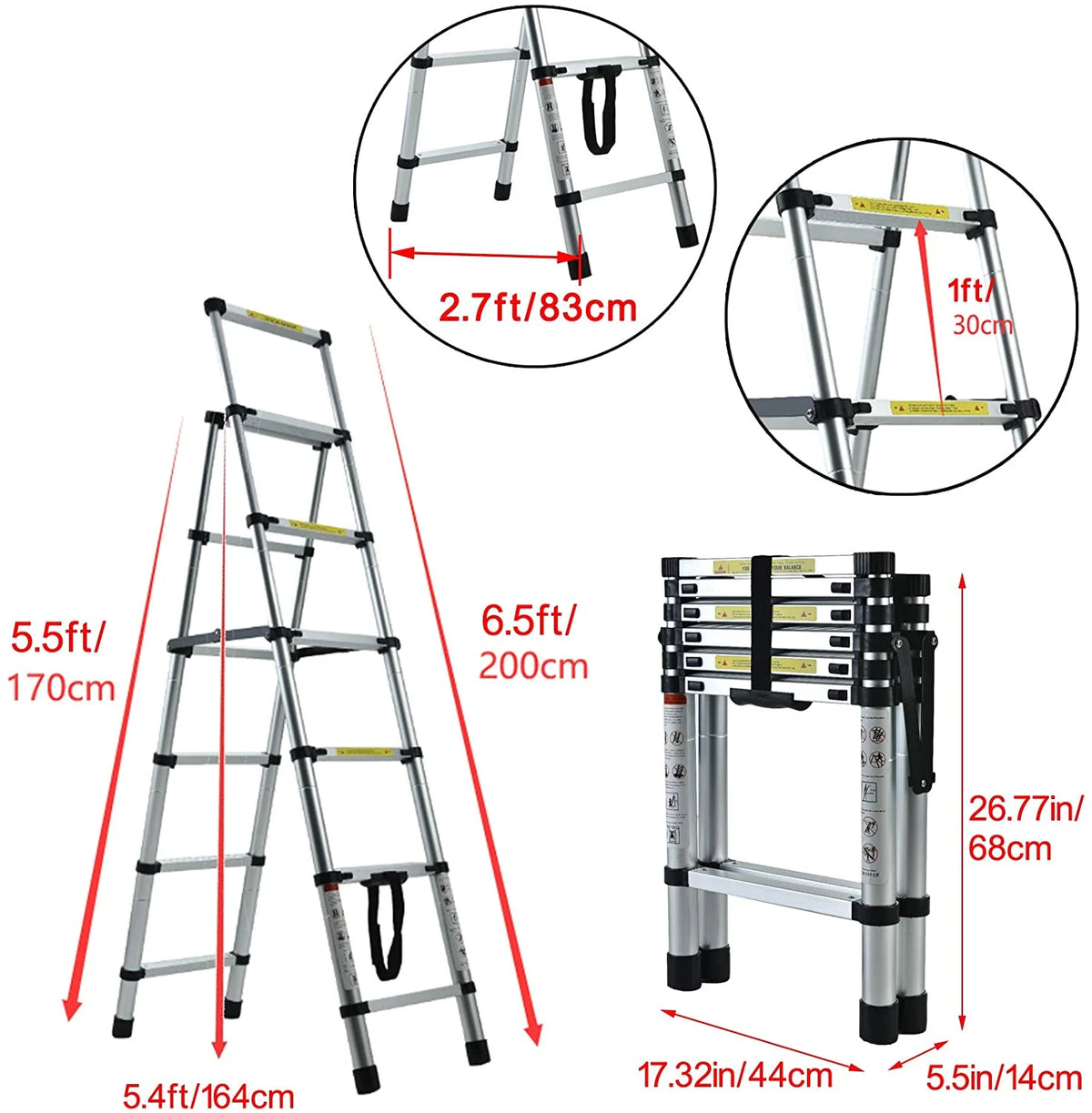 Telescopic Step Ladder Aluminium Heavy Duty 150KG Capacity Folding Anti-Slip Stepladder I184560