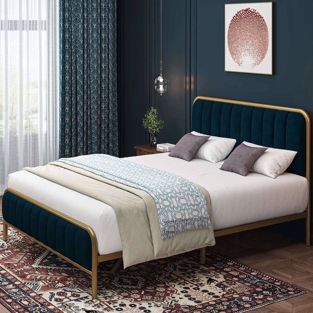 Queen Size Metal Bed Frame with Upholstered Headboard V7509