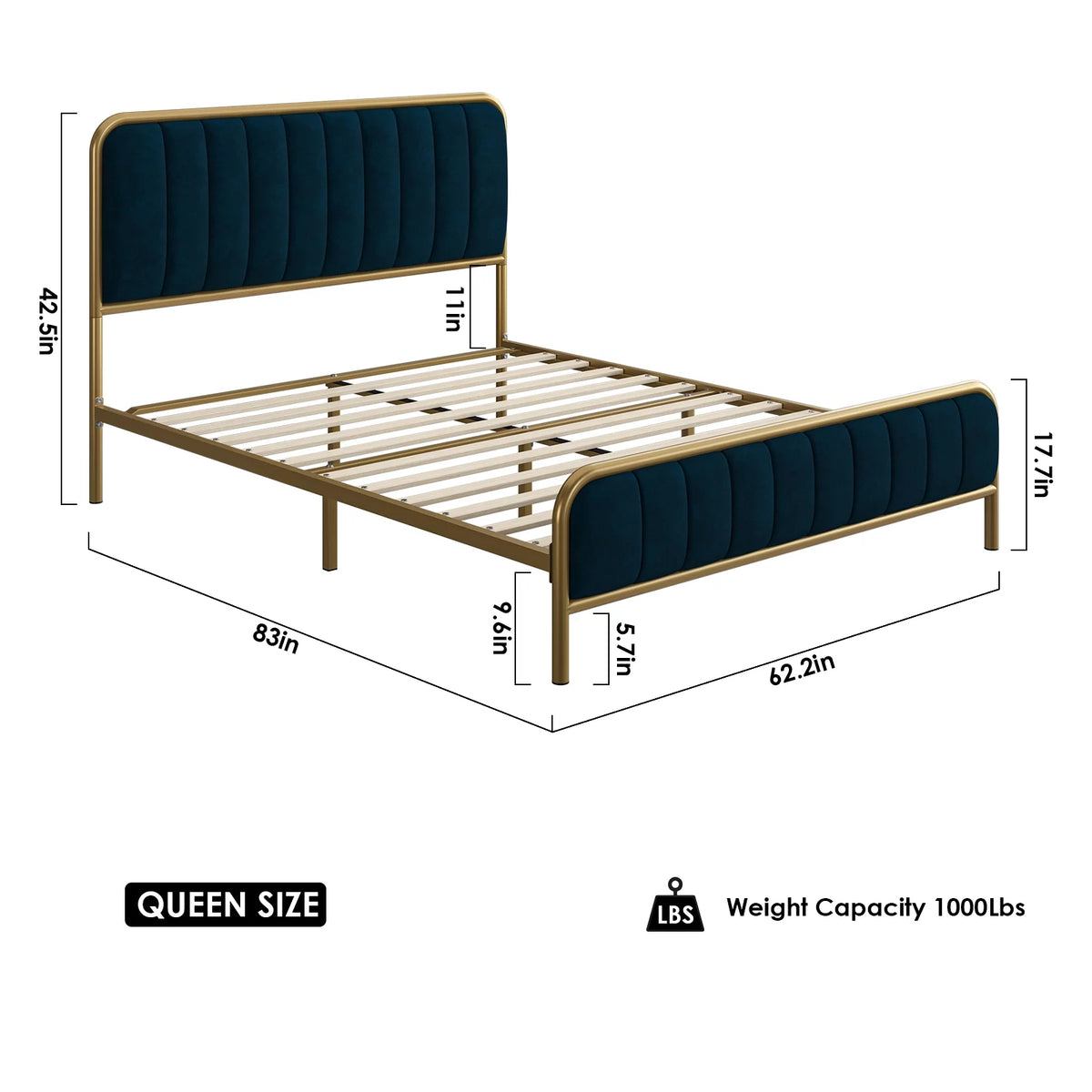 Queen Size Metal Bed Frame with Upholstered Headboard V7509