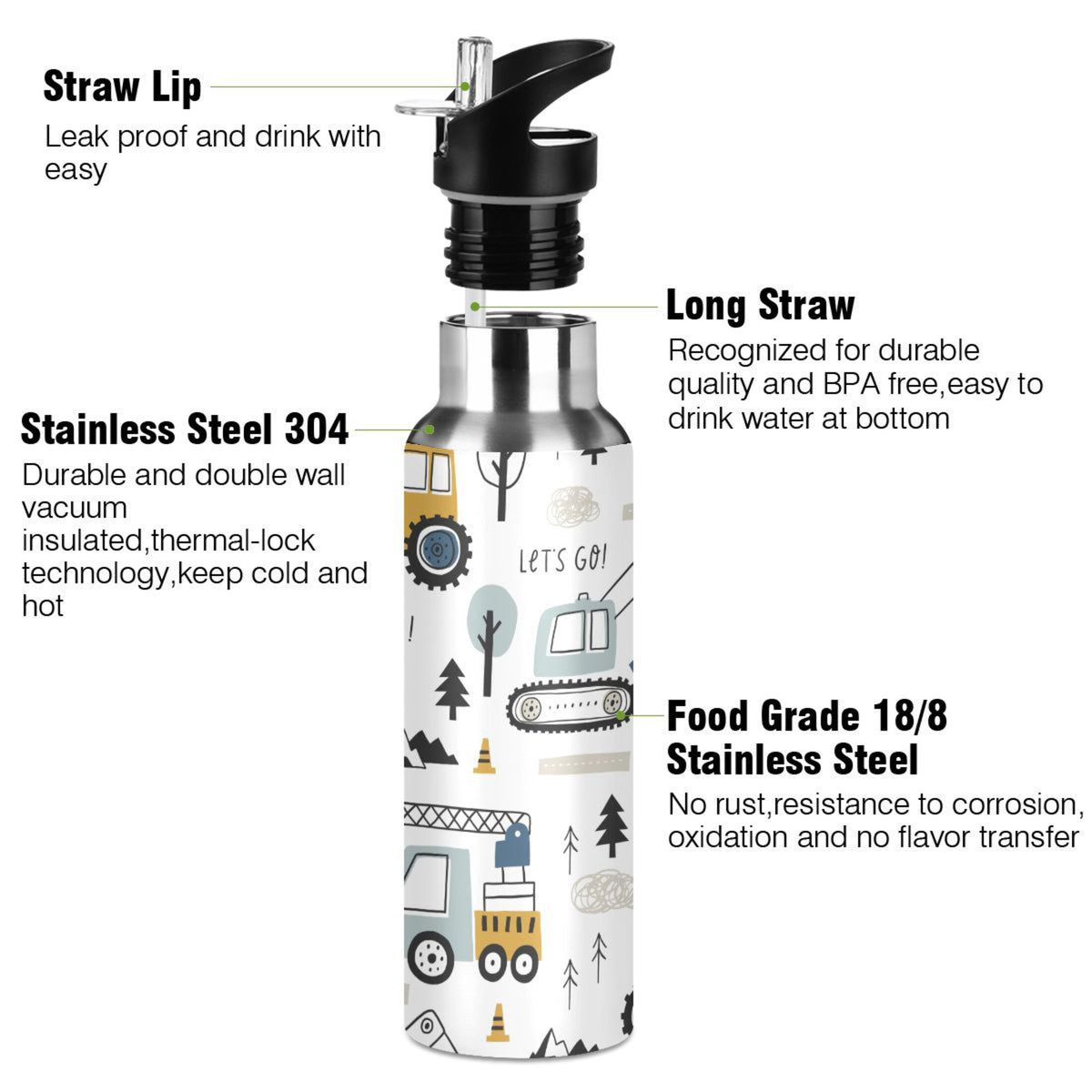 20 OZ Stainless Steel Vacuum Insulated Water Bottle with Straw Lid H813255