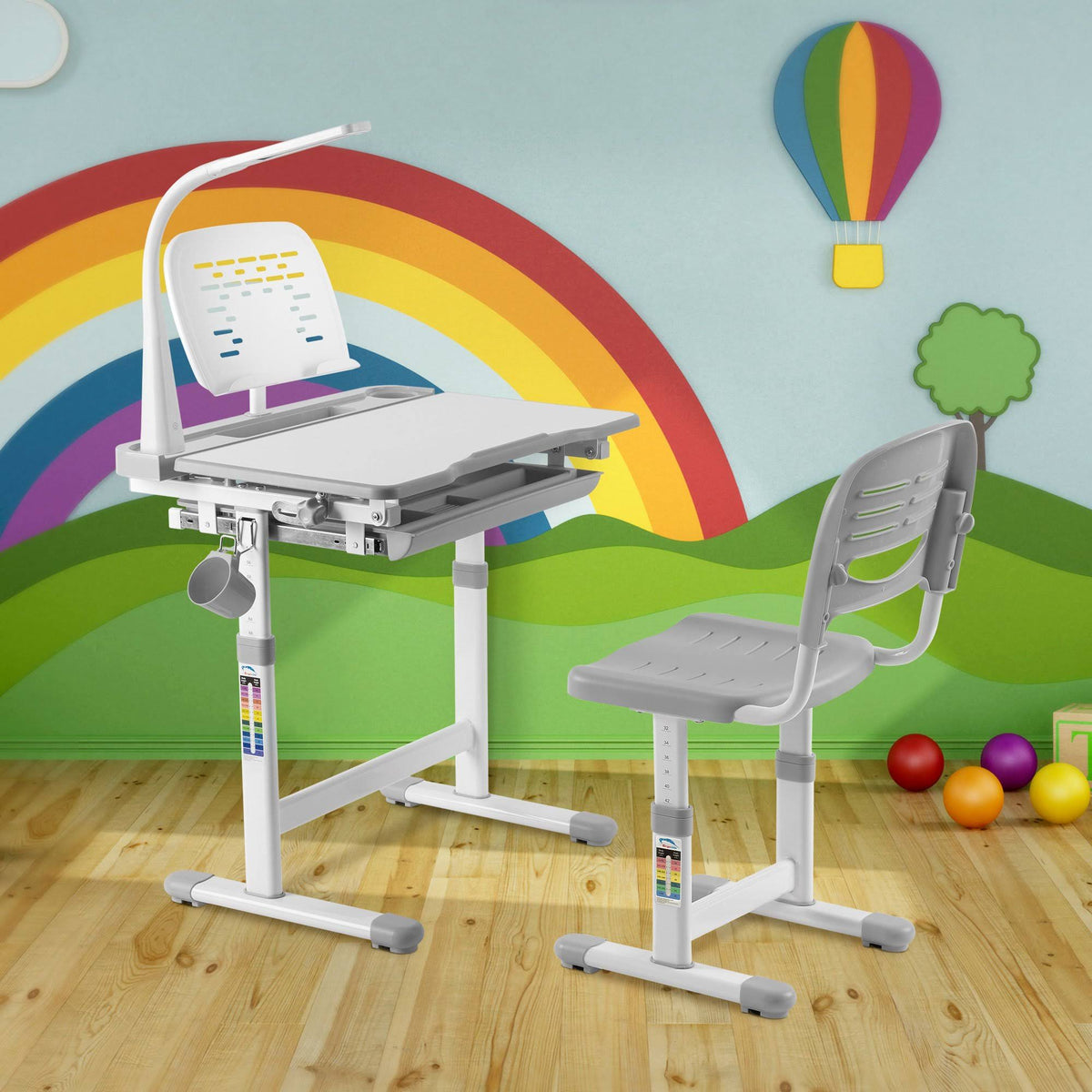 Gray Kid's Desk and Chair Set with Lamp and Book Holder X264259