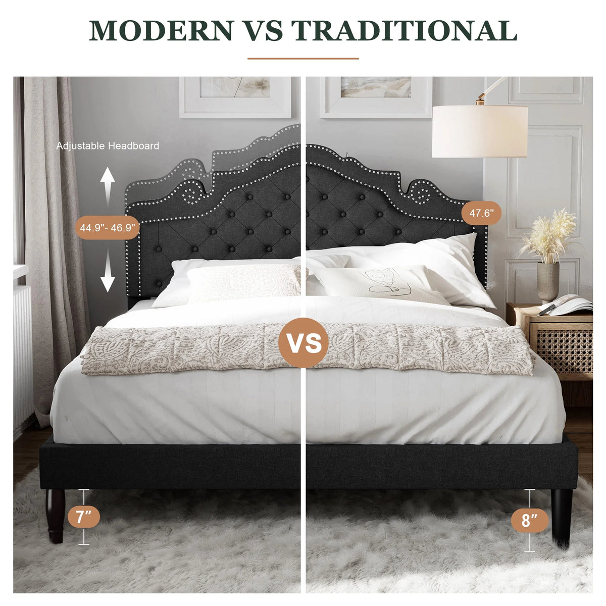 Queen Size Upholstered Platform Bed Frame with Adjustable Headboard, Black Q737