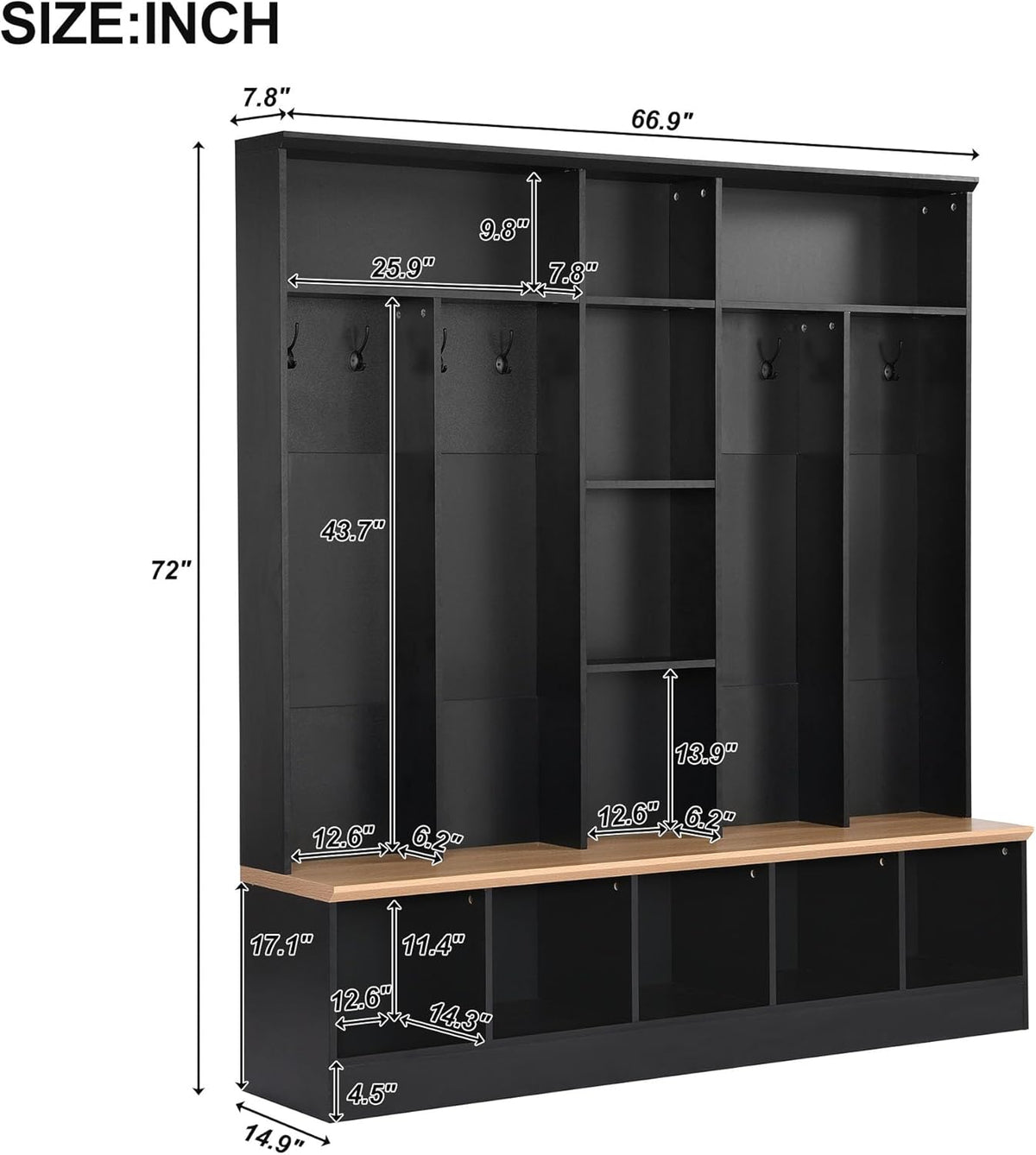 Black Hall Tree with Storage Bench and 8 Hooks R737781