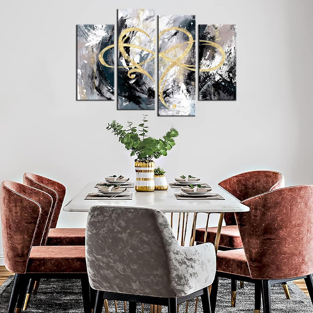 4 Panel Grey and Gold Canvas Wall Art U22045