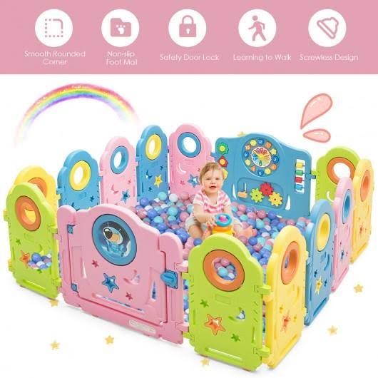 14 Panel Kids Activity Center Baby Playpen with Gate U181297