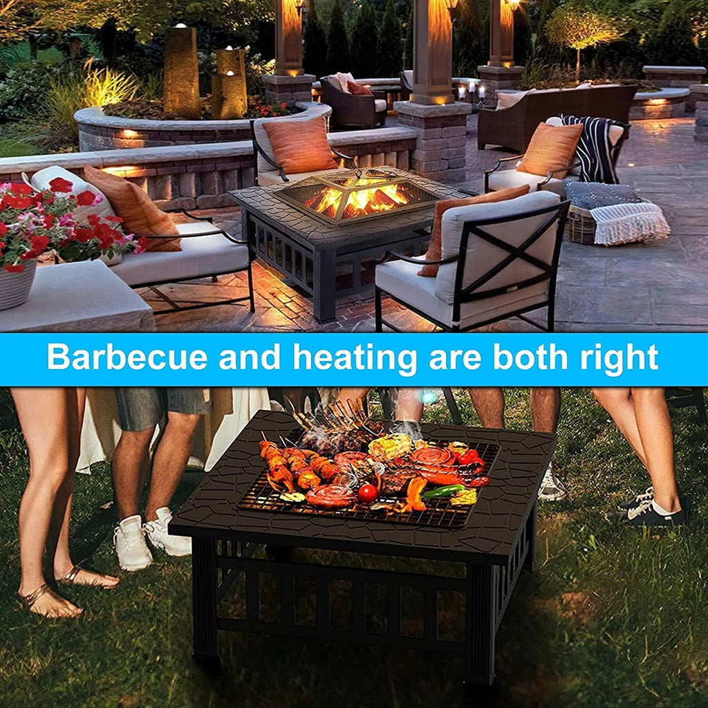 32 Square Iron Wood Burning Fire Pit with BBQ Net E3374