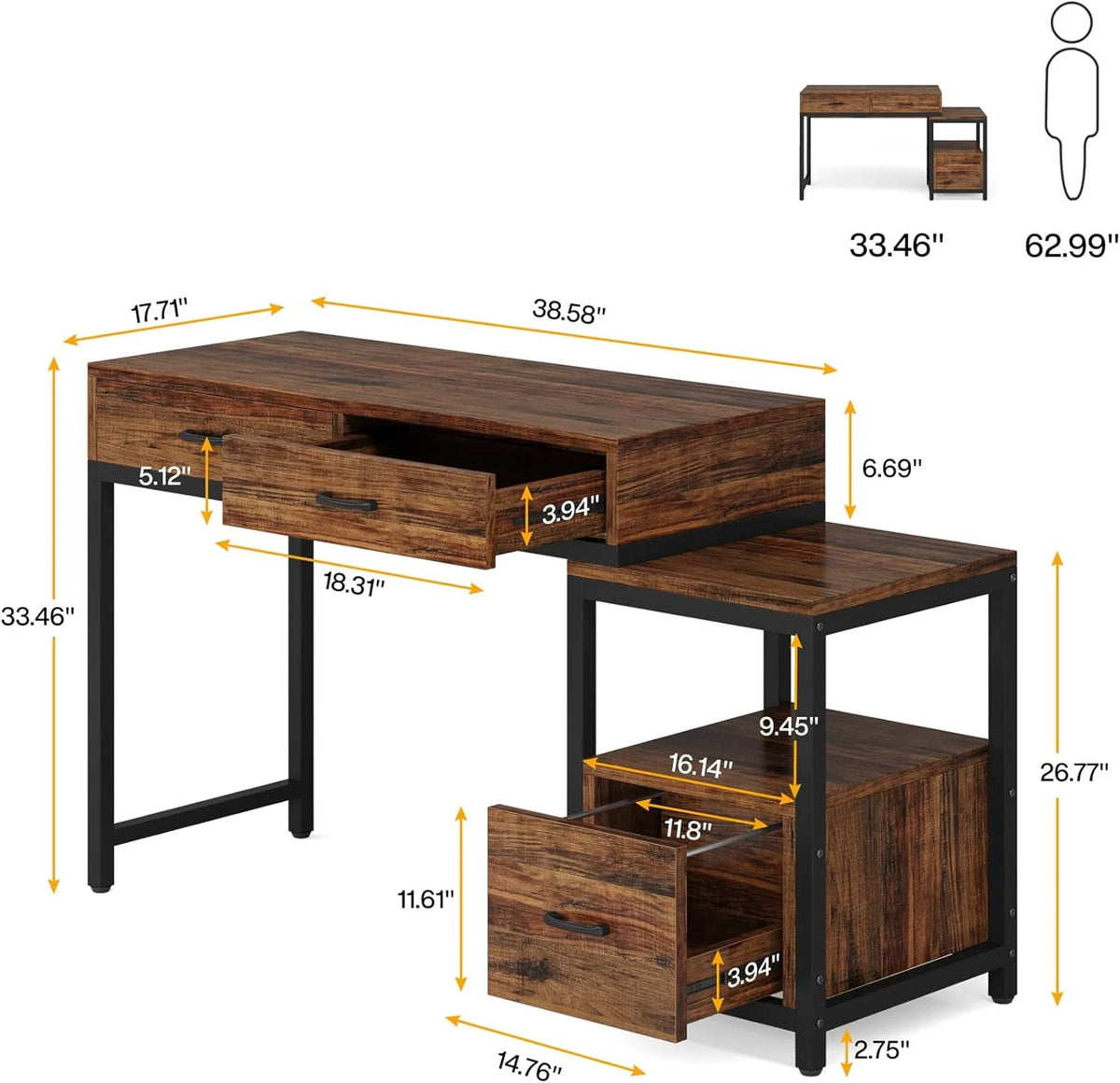 52 Inch Computer Desk with File Drawers and Storage Shelves R7113