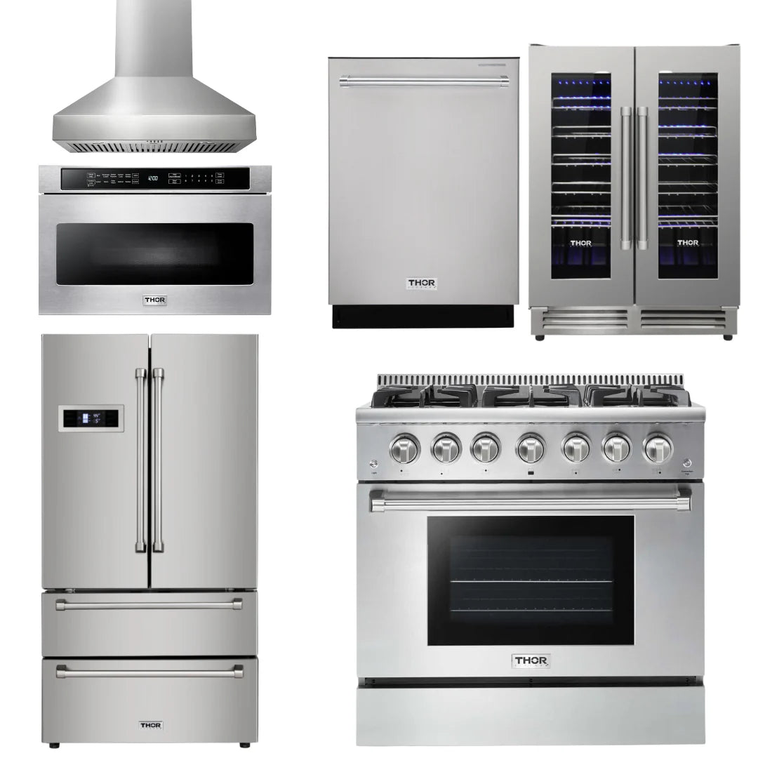36 Gas Range, Range Hood, Microwave, Refrigerator, Dishwasher, Wine Cooler Z87929