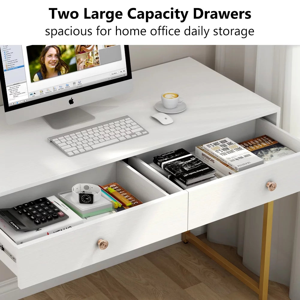 47 inch White and Gold Computer Desk with 2 Storage Drawers W6643