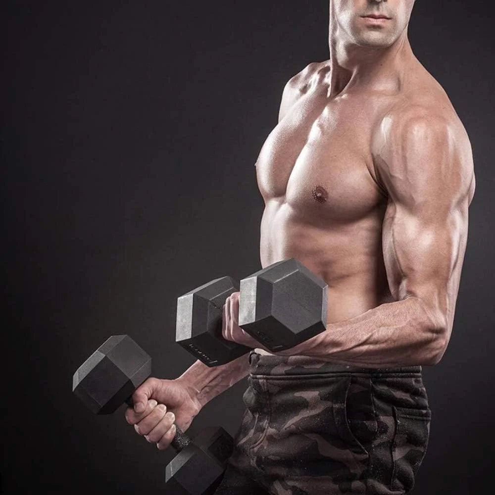 60lbs Pair Black Rubber Coated Cast Iron Hex Dumbbell Set Y9563