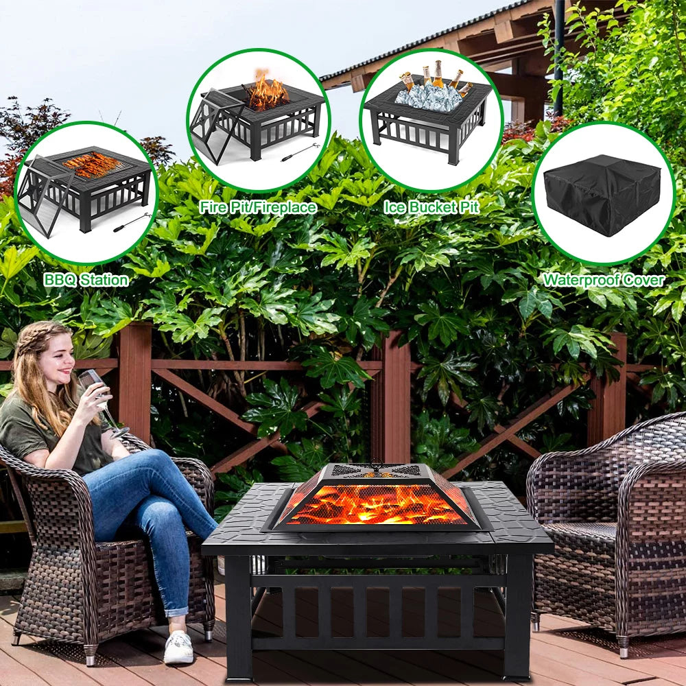 32 Square Iron Wood Burning Fire Pit with BBQ Net E3374
