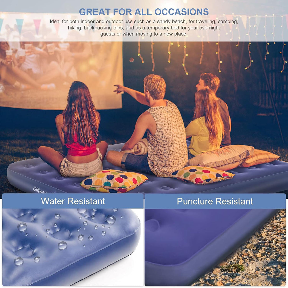 Queen Camping Air Mattress Inflatable Air Bed with Flocked Top Foldable U364394