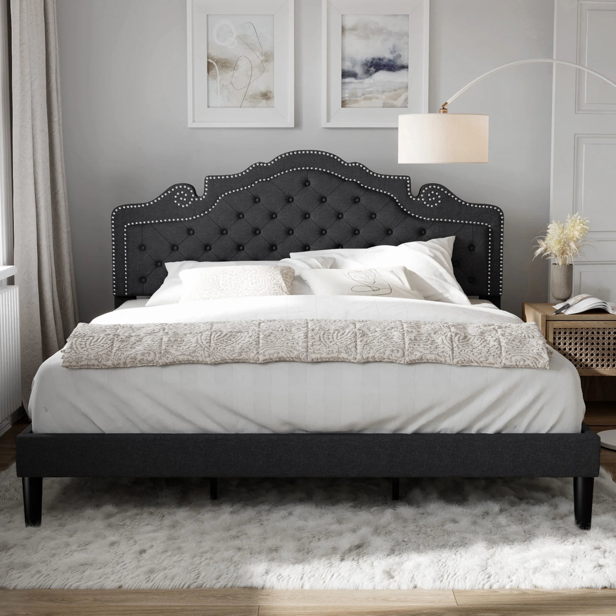 Queen Size Upholstered Platform Bed Frame with Adjustable Headboard, Black Q737