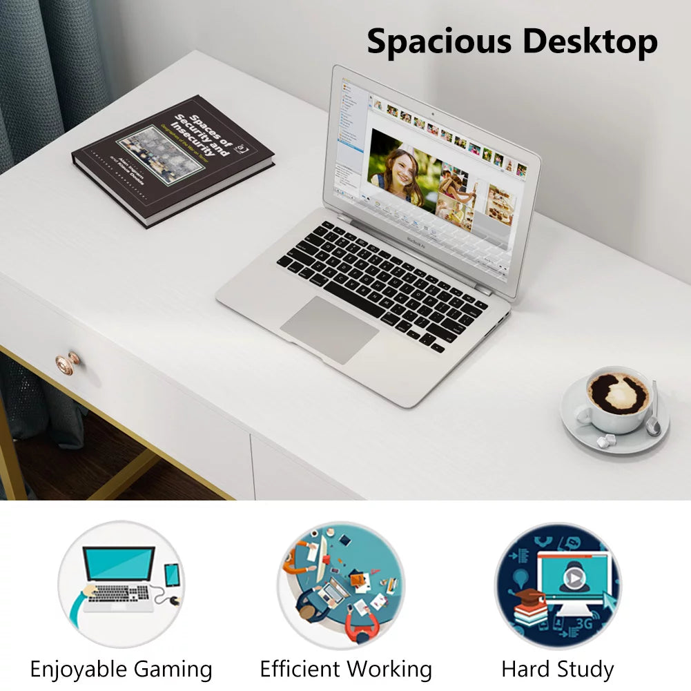47 inch White and Gold Computer Desk with 2 Storage Drawers W6643