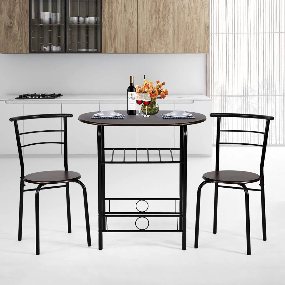 3-Piece Dining Table Set with 2 Chairs and Wine Rack V932