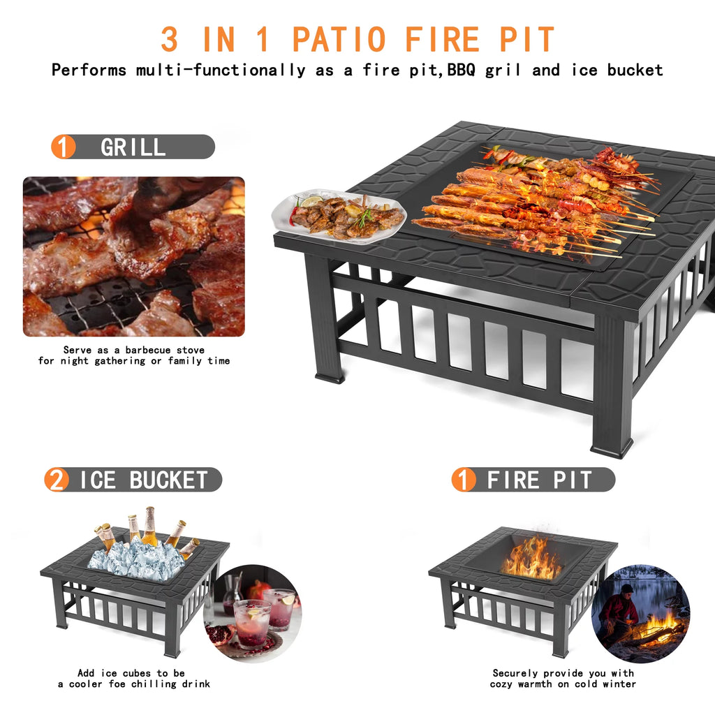 32 Square Iron Wood Burning Fire Pit with BBQ Net E3374