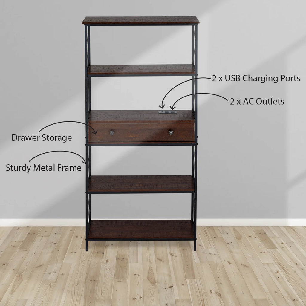 5 Shelf Bookcase with USB, AC Power Outlets and Drawer, Walnut T48641