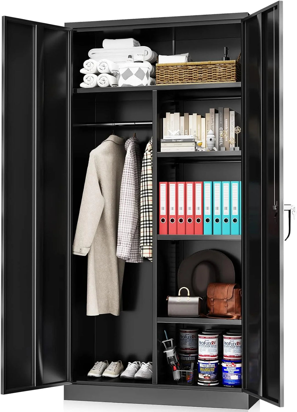 Metal Cabinets Locker with Locking Door 72'' Steel Wardrobe Cabinet with Lock and Shelves (Black) O9526